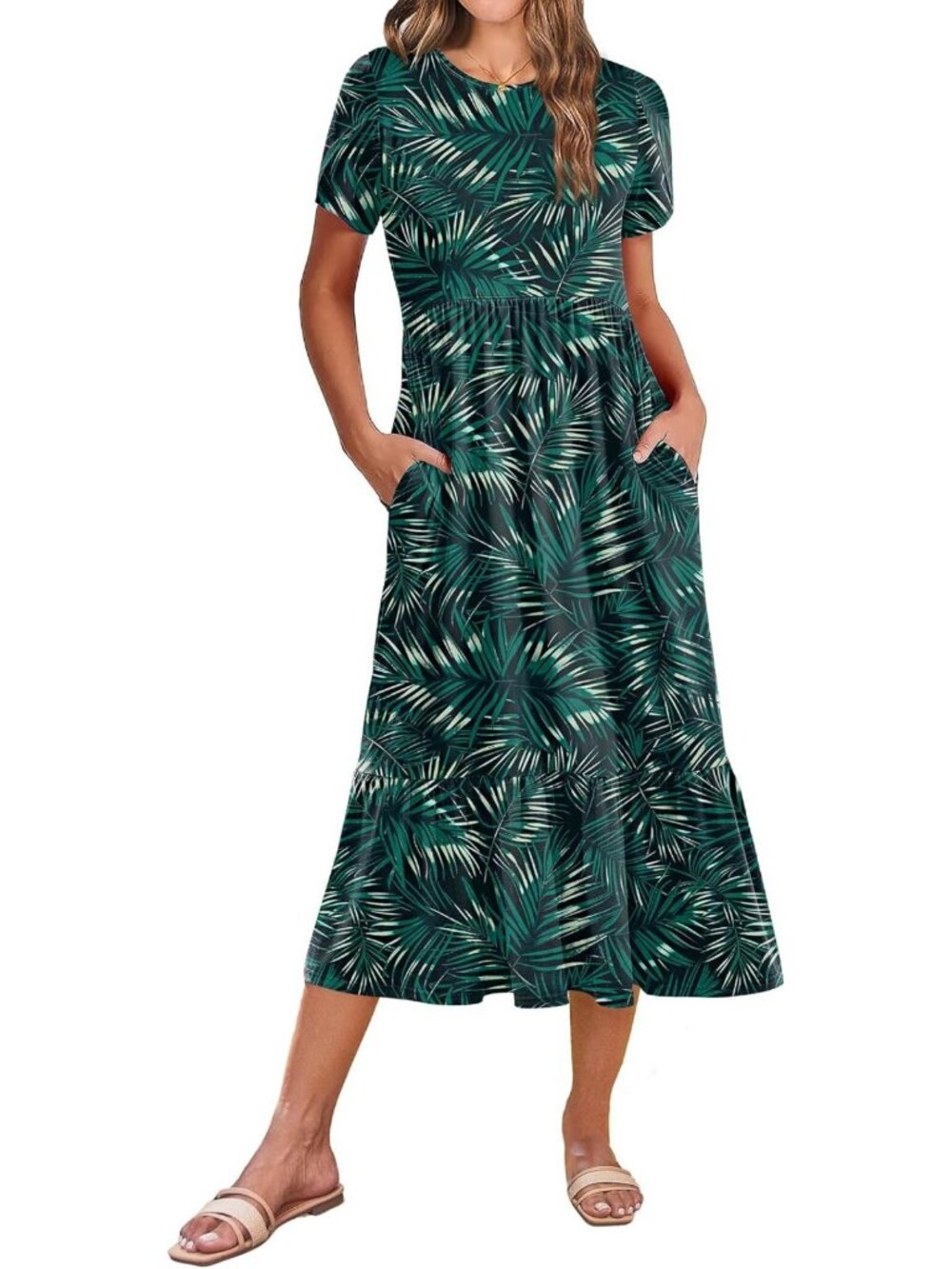 Summer Midi A-Line Dress for Women | Short Sleeve, Flowy, Tiered, Pockets, Beach